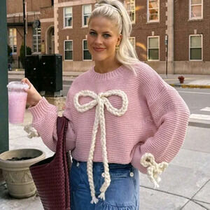 Autumn And Winter New Round Neck Chest Tie Bow Design Long-Sleeved Knit Sweater